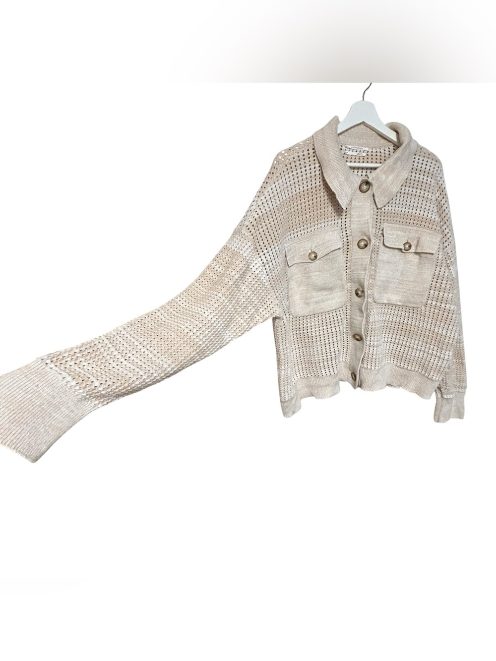 Anthropologie 2X Crocheted Pocket Collar Sweater Coat Sand Ivory Cardigan - Picture 6 of 16